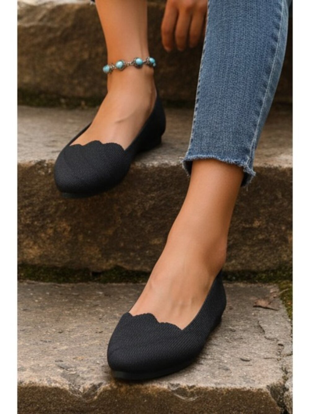 Jacquard Mesh Knit Pointed Toe Flats Slip-On Ballet Shoes Scalloped Edge Loafers
